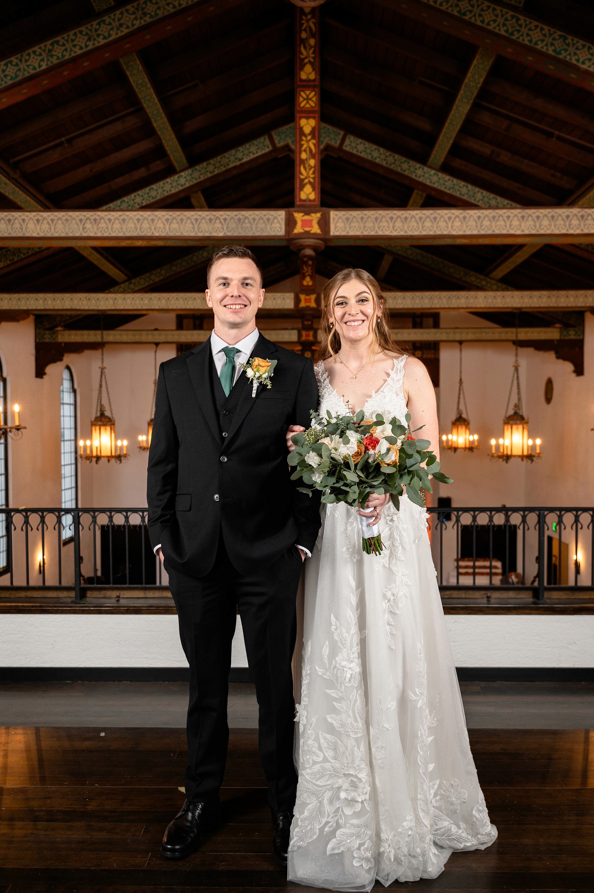 Flat lay wedding details with bouquet, rings, and sparkling bridal heels