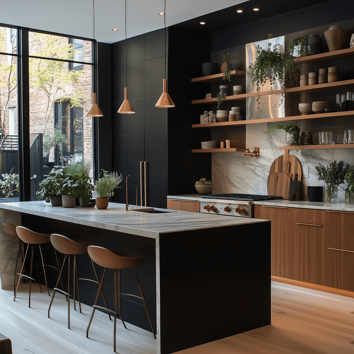 Modern kitchen with black cabinetry and wood open shelving