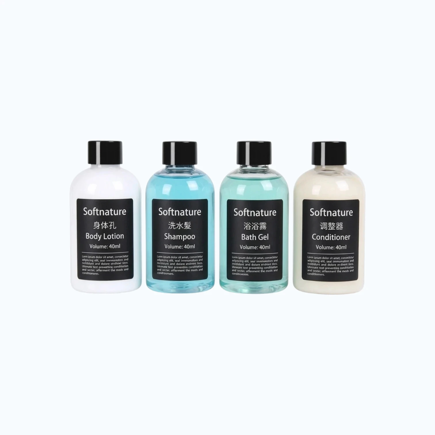Portable travel toiletries set including hand wash and dish soap in a transparent carry bag, ideal for retail supermarket shelves and travel essentials section.