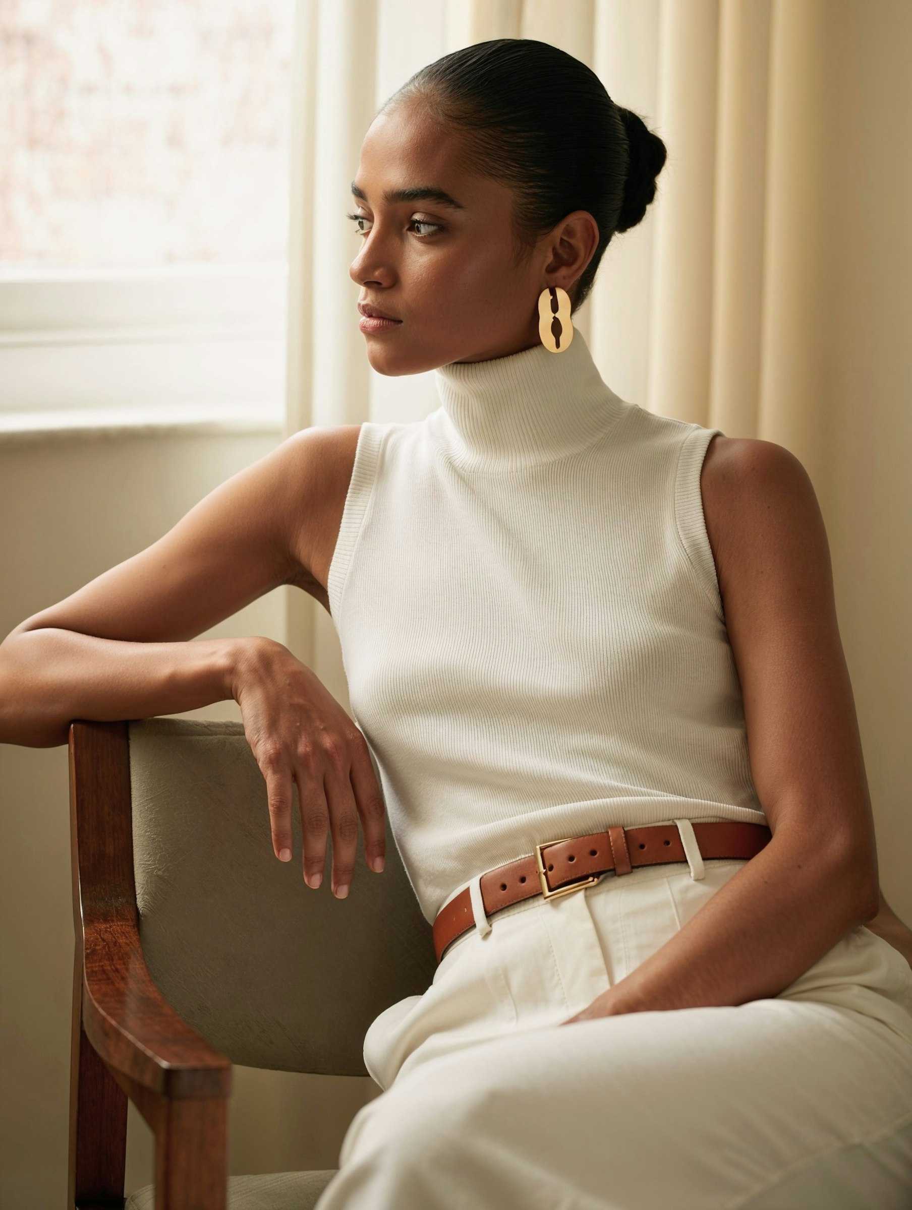Elegant woman in white turtleneck and trousers, accessorized with gold earrings and a brown belt, sitting by a softly lit window.