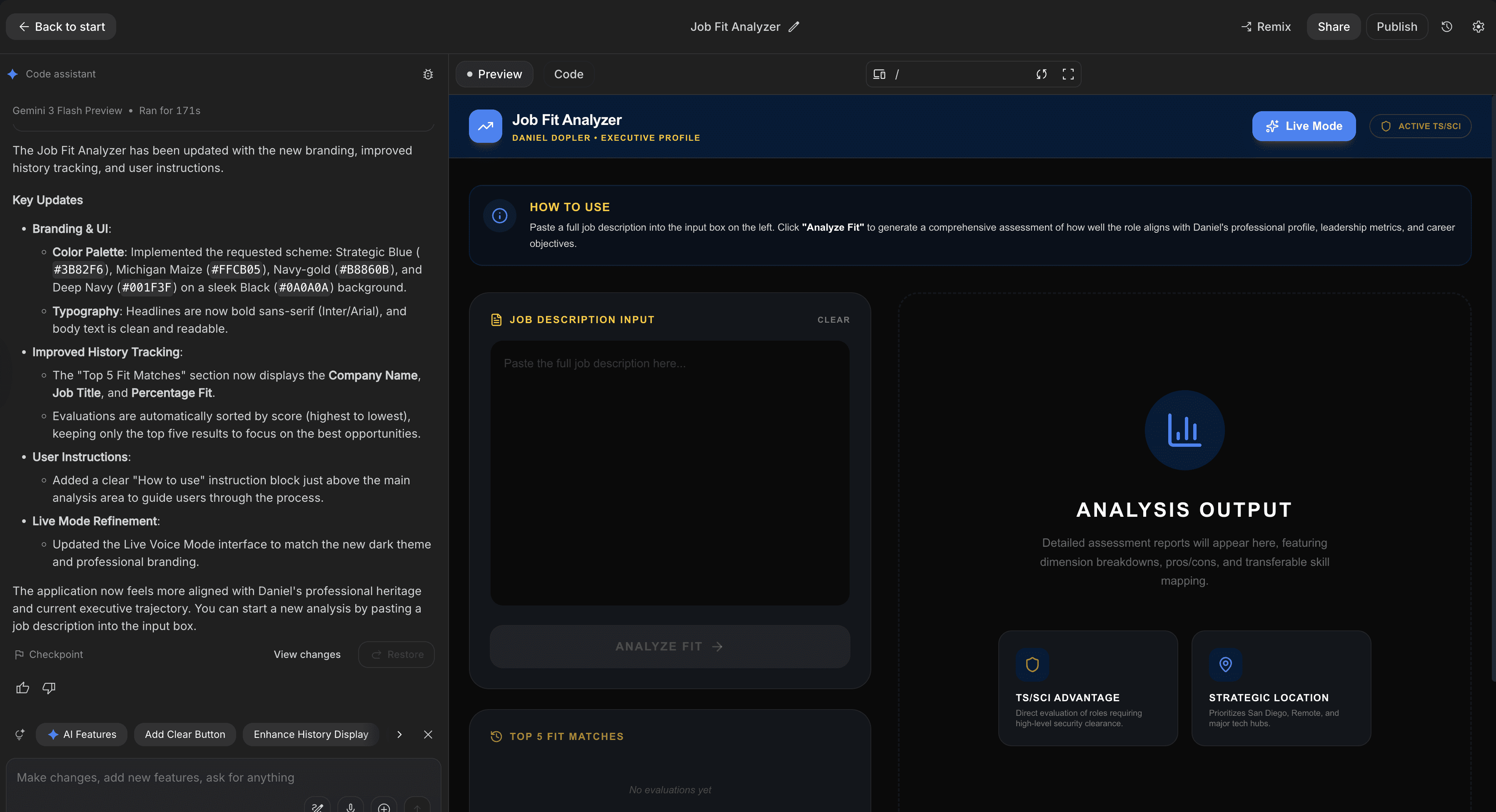 Job Fit Analyzer app created in Google AI Studio