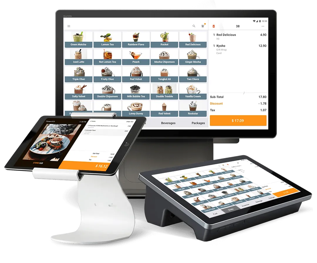 StoreHub POS hardware including touchscreen terminal and customer-facing display.