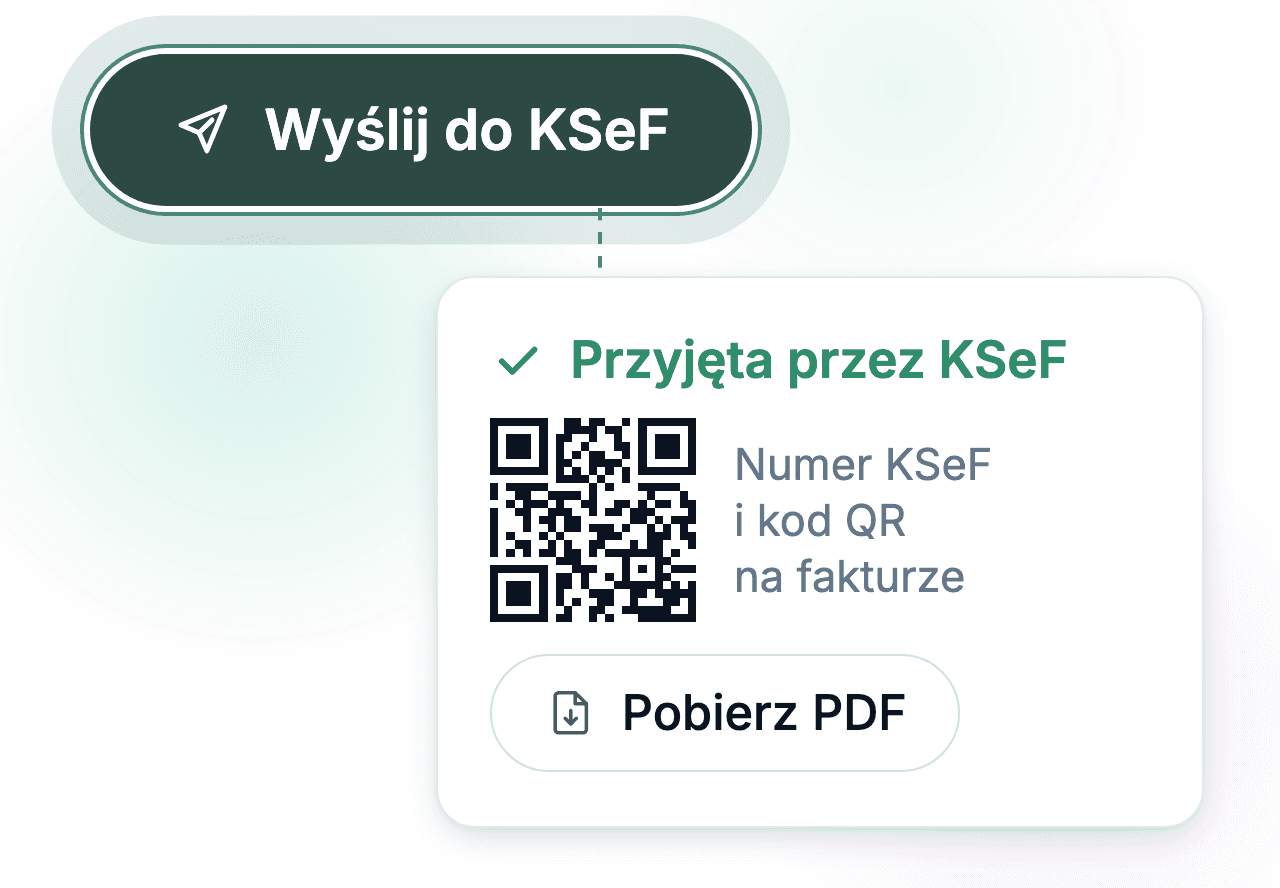 Przycisk Wyślij do KSeF i faktura przyjęta przez KSeF z kodem QR i pobieraniem PDF