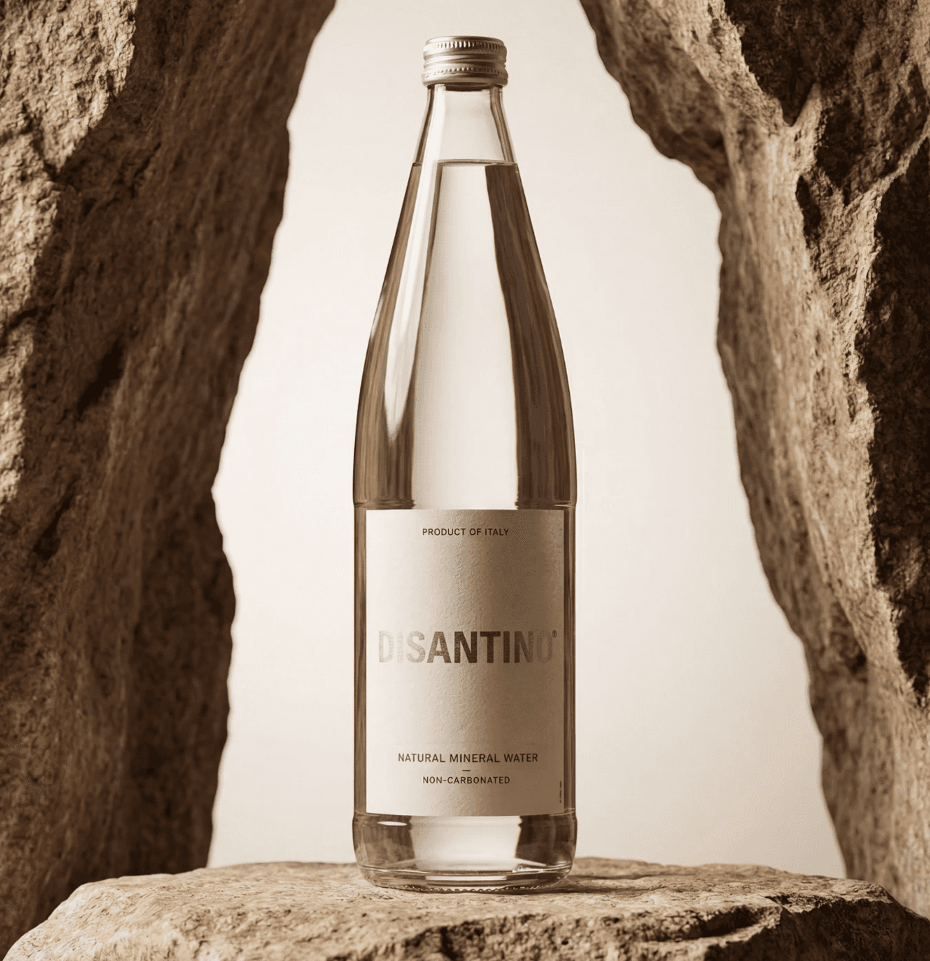 A bottle of Disantino Natural Mineral Water centered between two large, textured rocks on a stone pedestal.