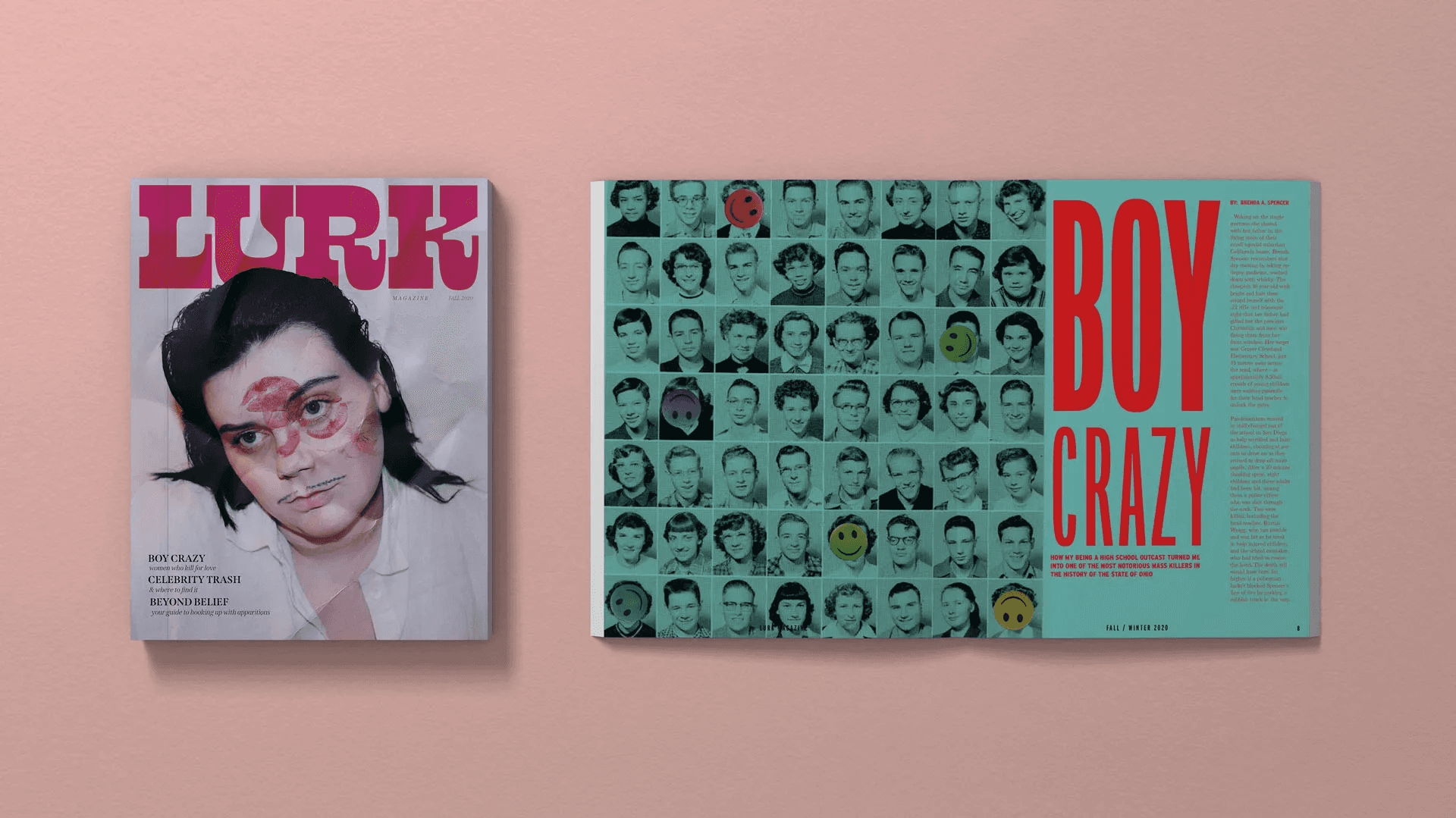 The image shows various magazine spreads from "Lurk Magazine," designed by Julia Hummel. The spreads feature creative layouts and typography that reflect the magazine's themes, which cater to interests such as fan fiction, true crime, and unique aesthetics associated with "creepy girls." Each spread presents a different aspect of the magazine's content, showcasing vibrant visuals and engaging design elements that contribute to its overall identity.