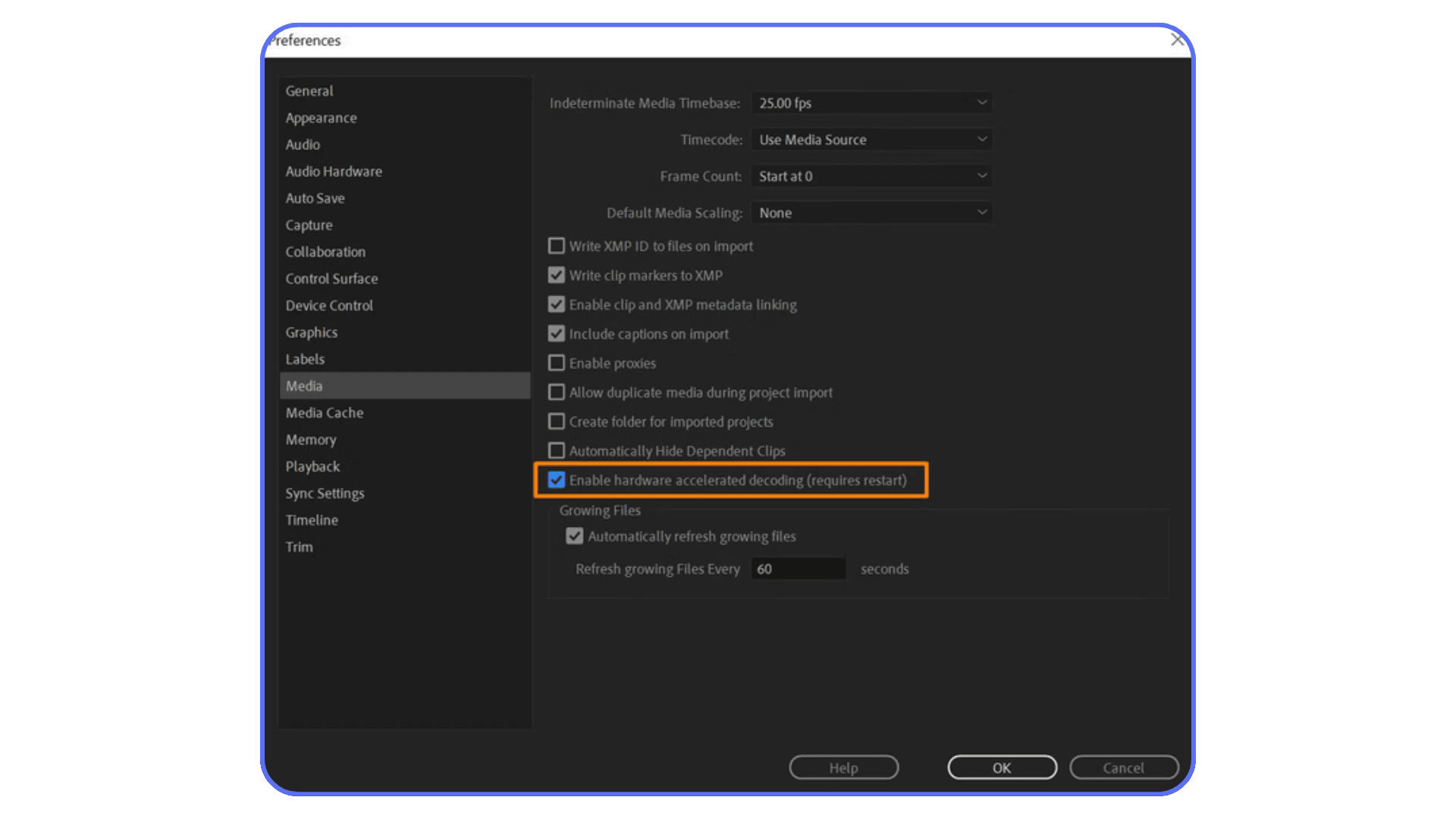 Premiere Pro preferences panel showing hardware accelerated decoding enabled