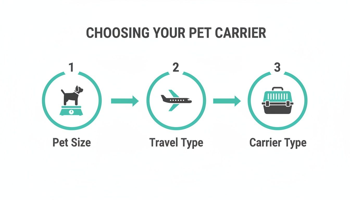 Infographic showing three steps to choose a pet carrier: pet size, travel type (airplane), and carrier type.