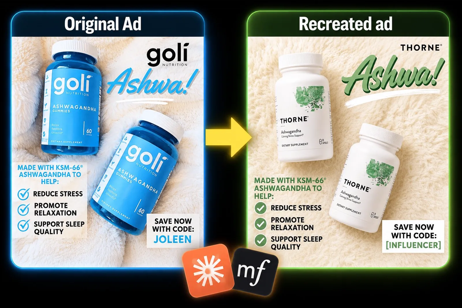 Before and after: the original Goli ad next to the recreated Thorne version generated on the Maxfusion canvas