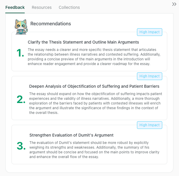 Screenshot of thesify recommendations showing feedback that the evaluation of Dumit’s argument should be strengthened by explicitly weighing its strengths and weaknesses.