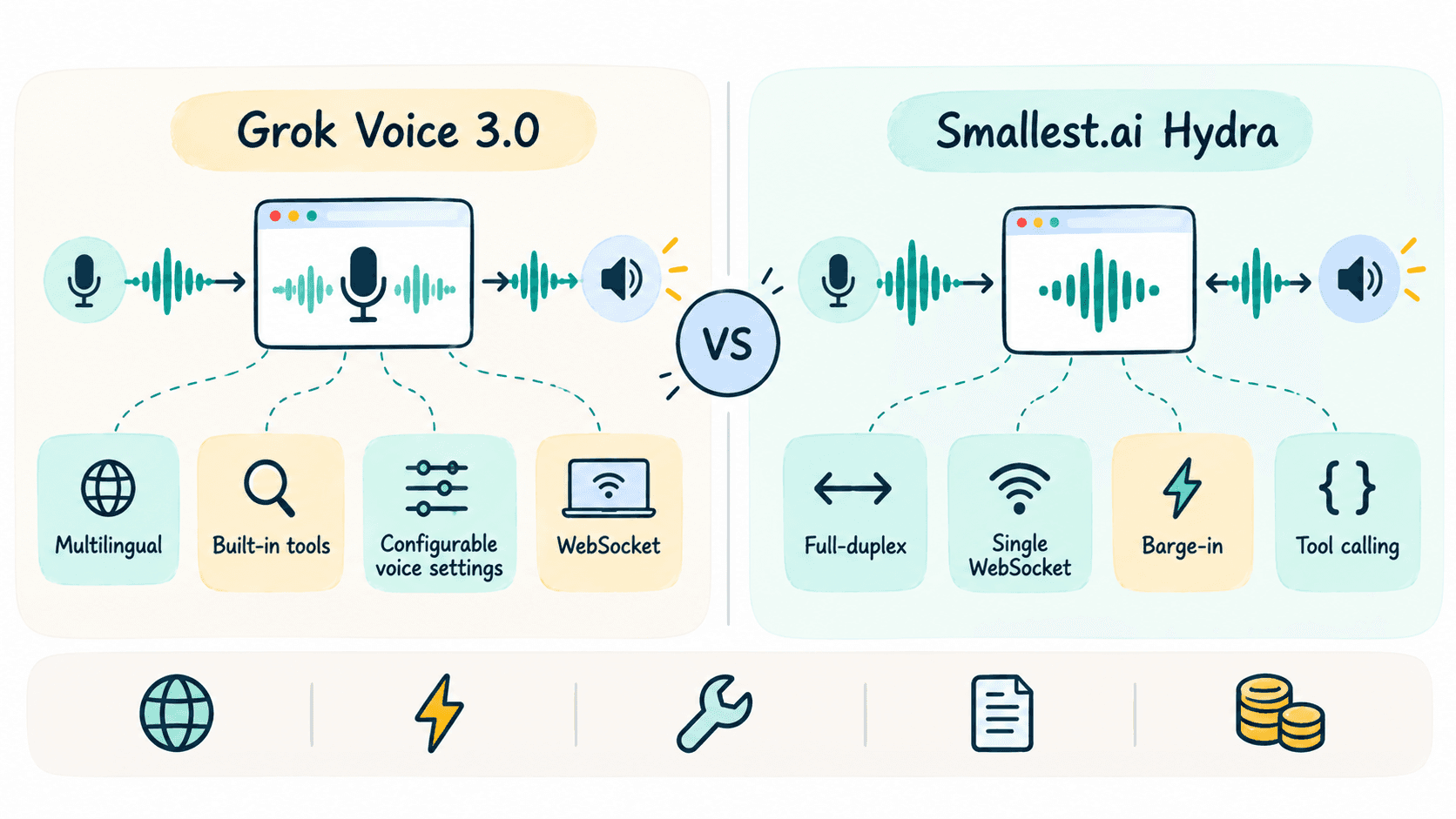 Hand-drawn infographic comparing Grok Voice 3.0 and Smallest.ai Hydra, highlighting multilingual support, built-in tools, voice settings, and WebSocket connectivity for Grok, alongside full-duplex speech, single WebSocket communication, barge-in handling, and tool calling for Hydra.&nbsp;