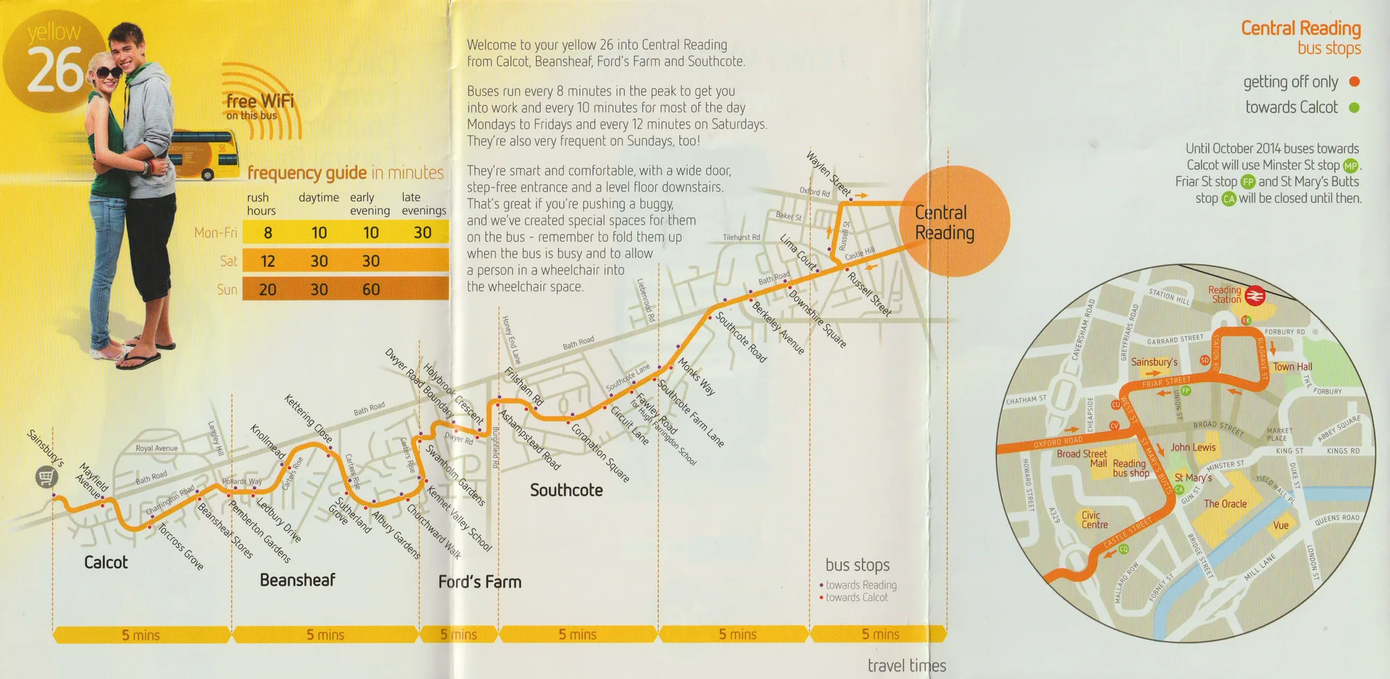 Interior of the yellow 26 timetable: an orange route line running from Calcot through Southcote to Central Reading, with surrounding roads and an inset map of the town centre.
