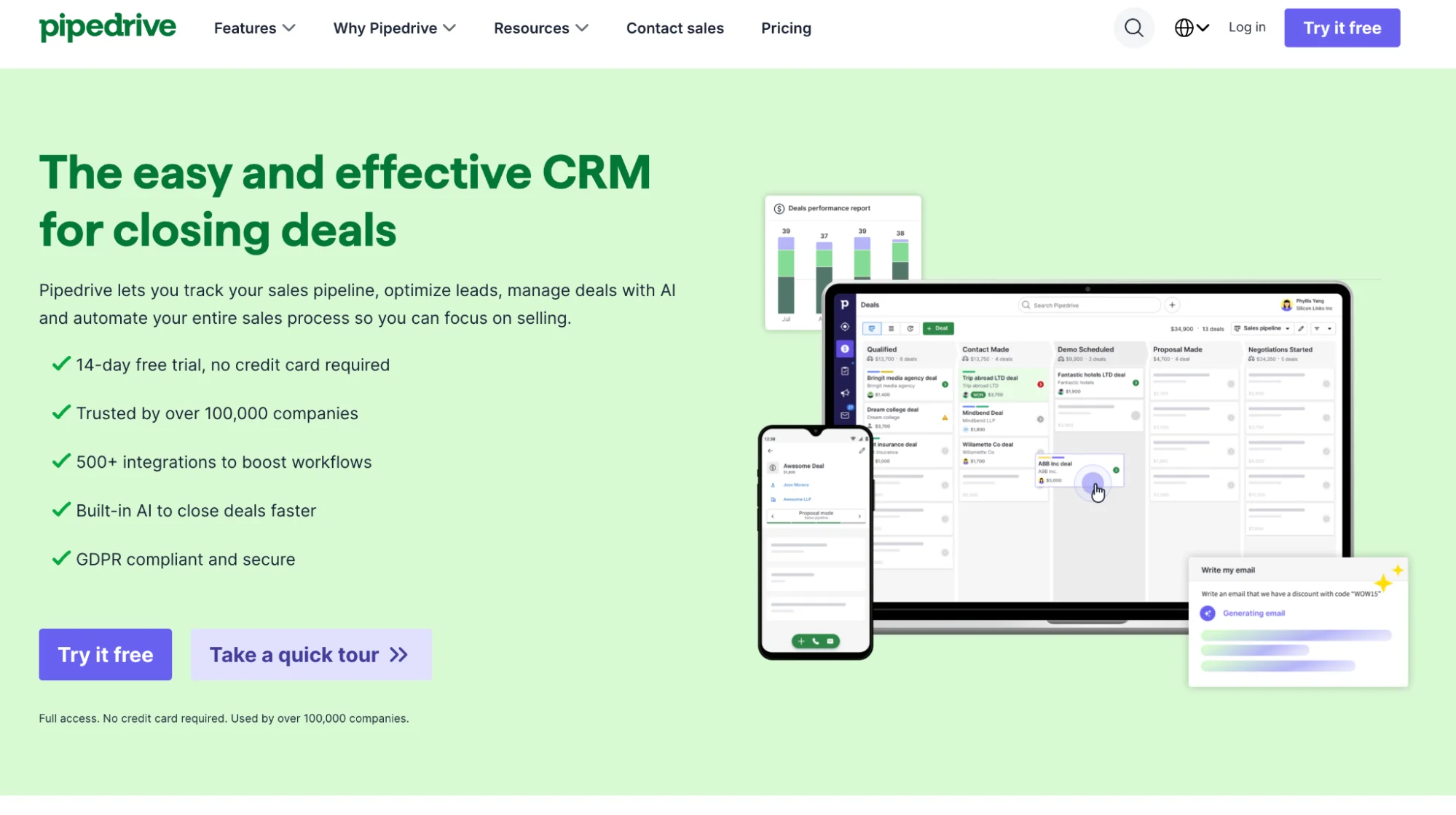 Pipedrive homepage: pipeline-first sales CRM with automation