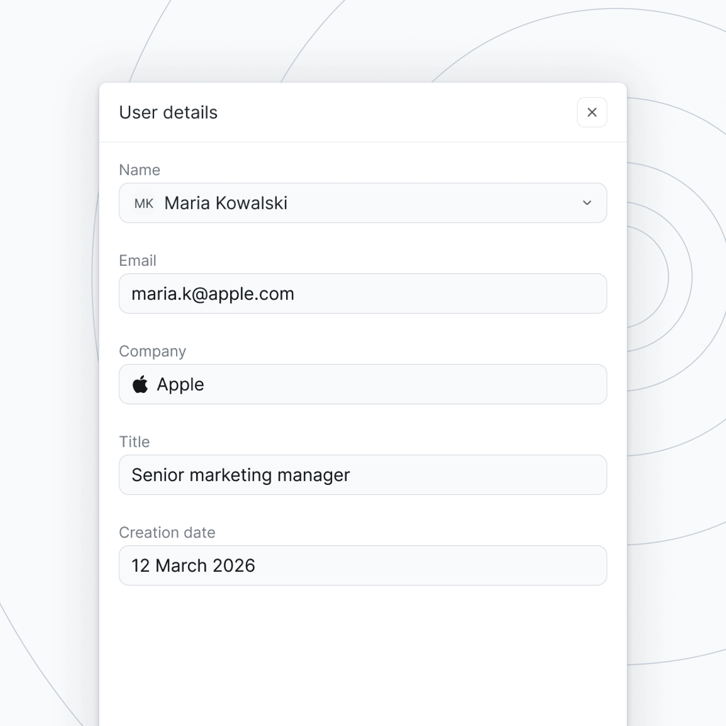 Field-level record details for a CRM contact or company record in Stamina