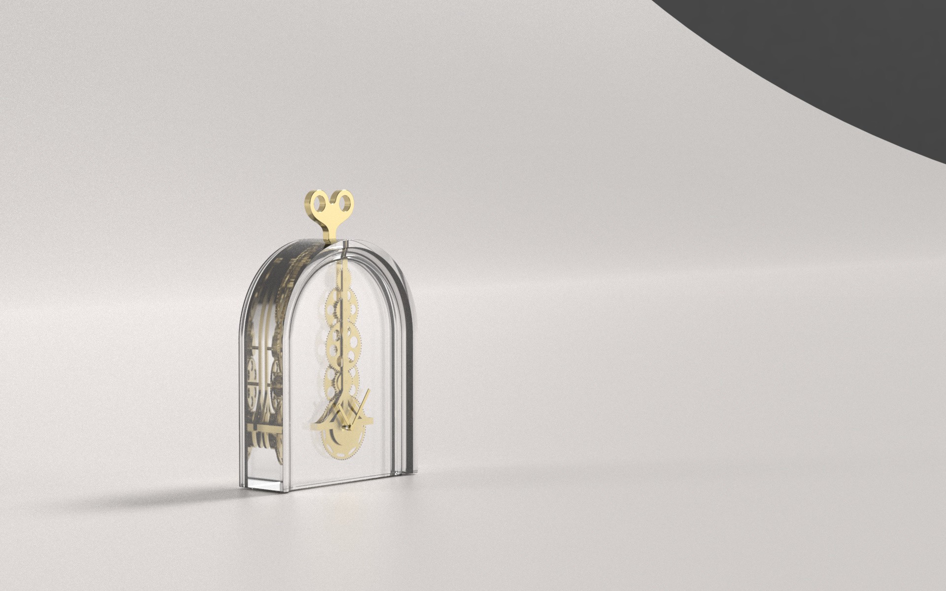 an image of a mechanical clock encased in a glass body with a wind up mechanism on top designed bu Lukas Avenas