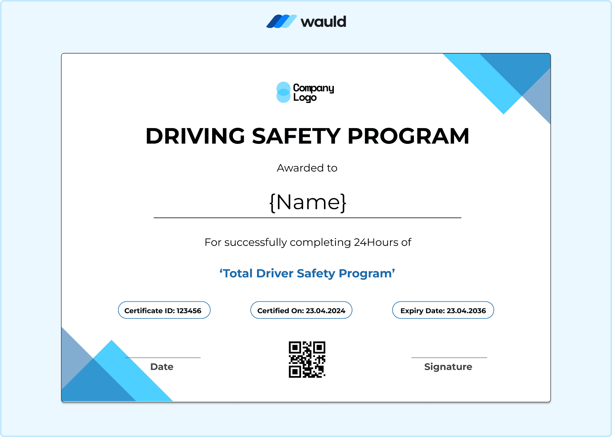 Driving safety program certificate with sharp diagonal blue accents, clean geometric layout, recipient name field, course completion details, certificate ID, expiry date, and QR code