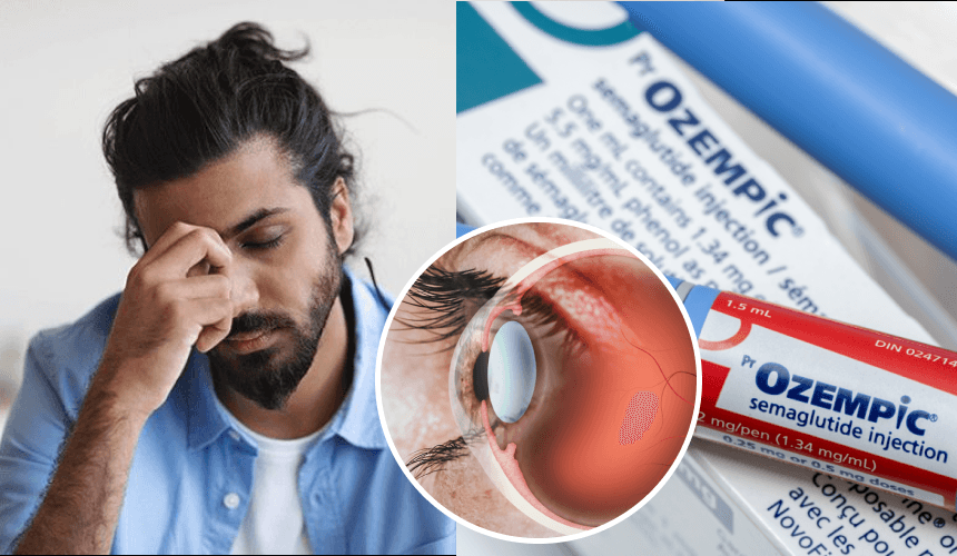 Pharmacy Inspections & Drug Safety, Pharma Safety Alerts, Ophthalmology Research, Diabetes Management Collage depicting a man experiencing stress or headache, a close-up of an eye with a medical condition, and an Ozempic (semaglutide injection) box, representing potential side effects of diabetes medications