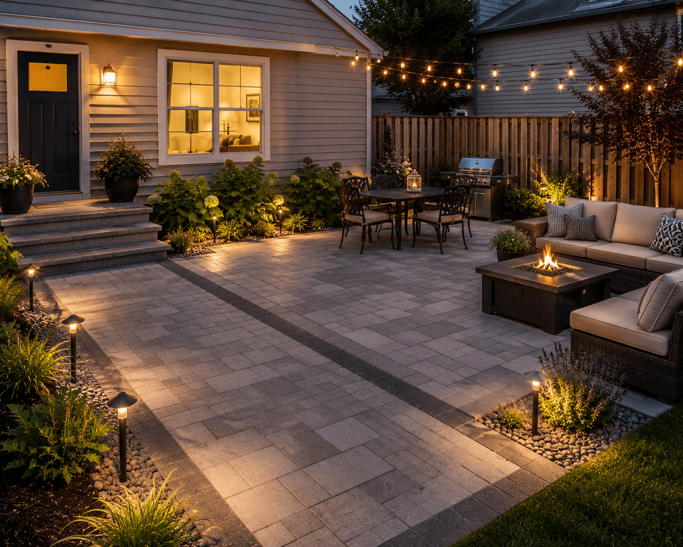 Stamped concrete patio in a backyard completed by a Licensed General Contractor, with a clean textured concrete finish and outdoor seating.