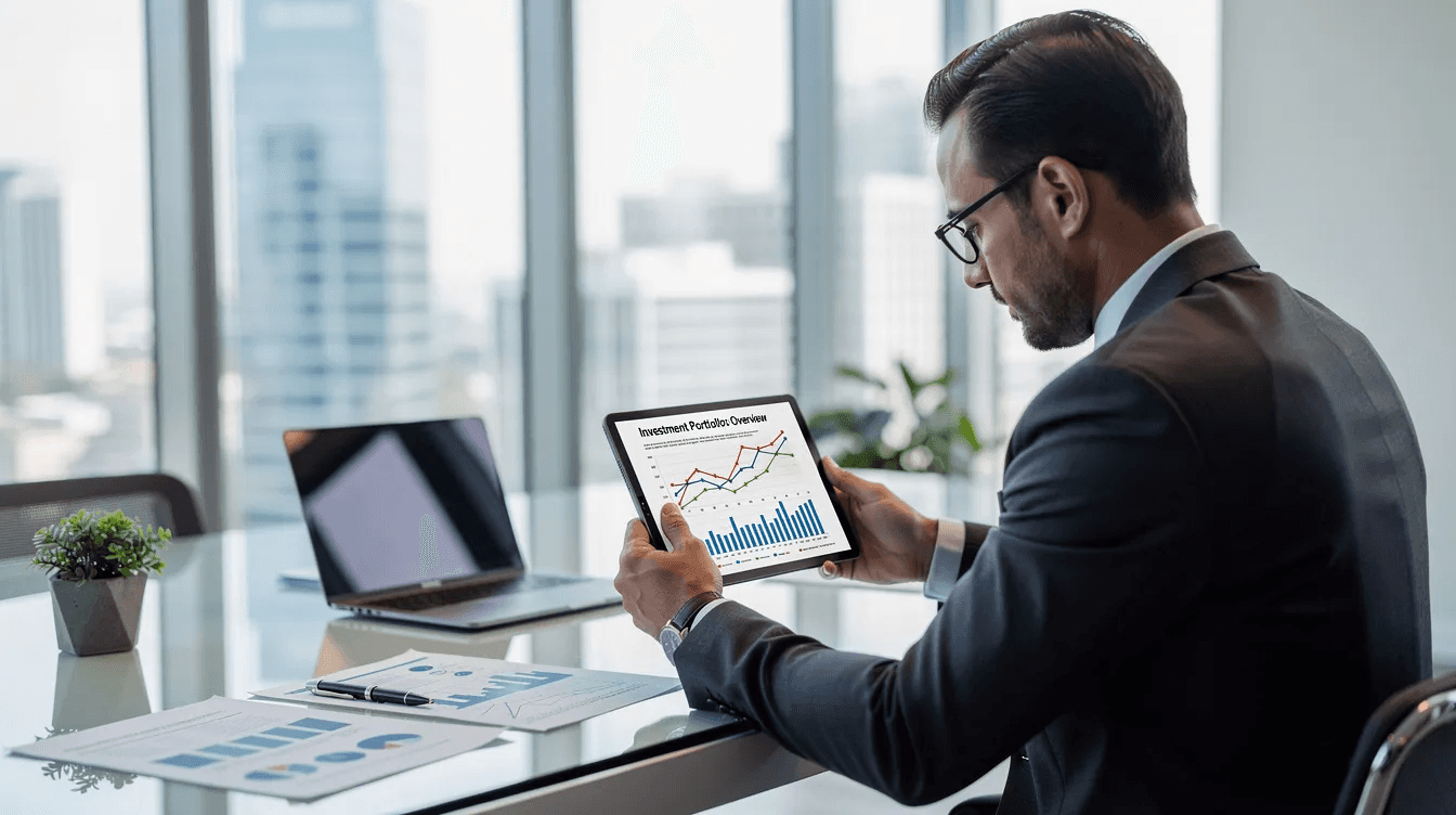 A professional sits at a sleek desk in a modern office, intently reviewing investment portfolio documents on a tablet, which likely includes insights on private credit investments and alternative asset classes, highlighting their role in portfolio diversification and capital preservation for sophisticated investors. The setting reflects a focus on strategic financial planning amidst evolving market conditions.