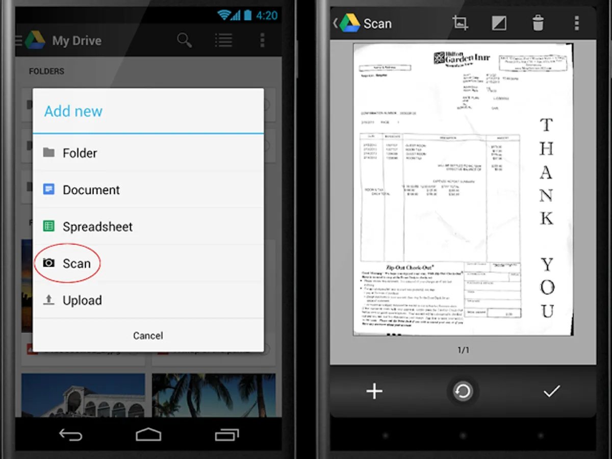 Two phone screenshots showing how to scan a receipt using the 'Scan' option in the My Drive app.