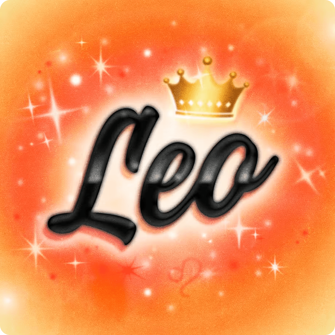 Graphic featuring the word "Leo" in stylish black font, accented by a crown and a sparkling orange background.