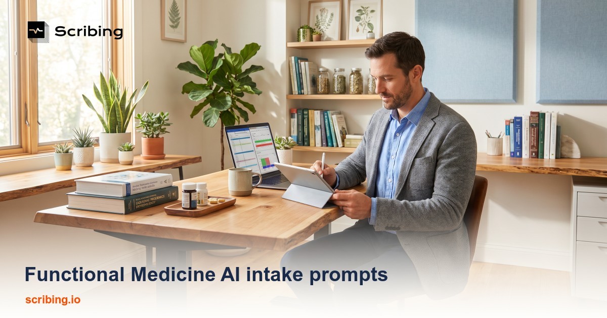 Functional medicine intake documentation setup with tablet, supplements, and prescription medications on a clinical desk