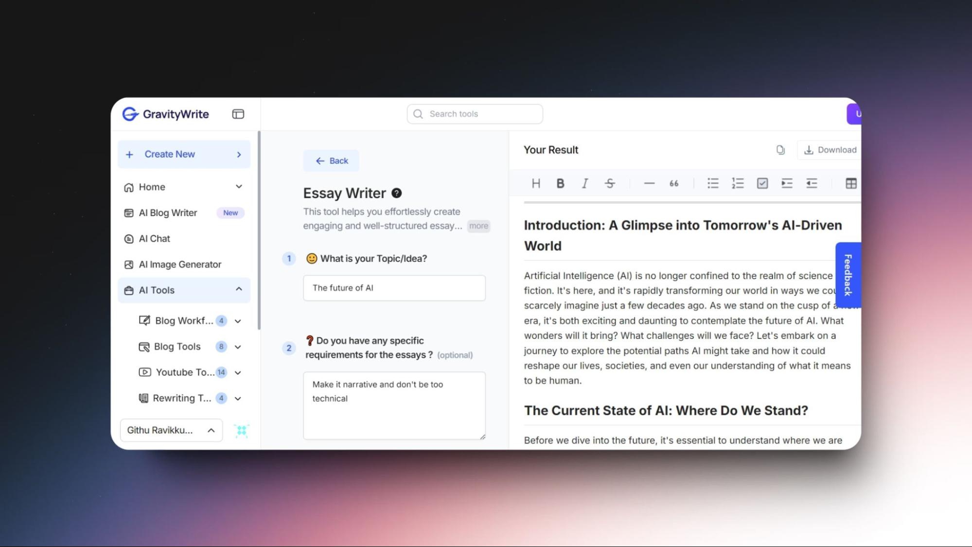 Screenshot of GravityWrite's essay writer tool generating an essay on "The Future of AI" with narrative and non-technical guidelines.