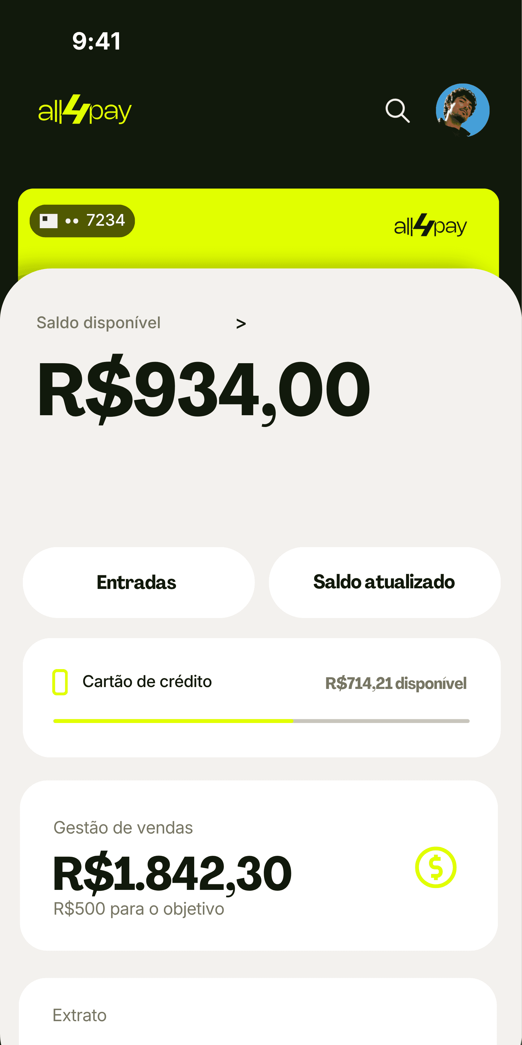 Mobile banking app UI with a $10,50,000 balance, pink debit card, and payment shortcut icons on a dark theme.