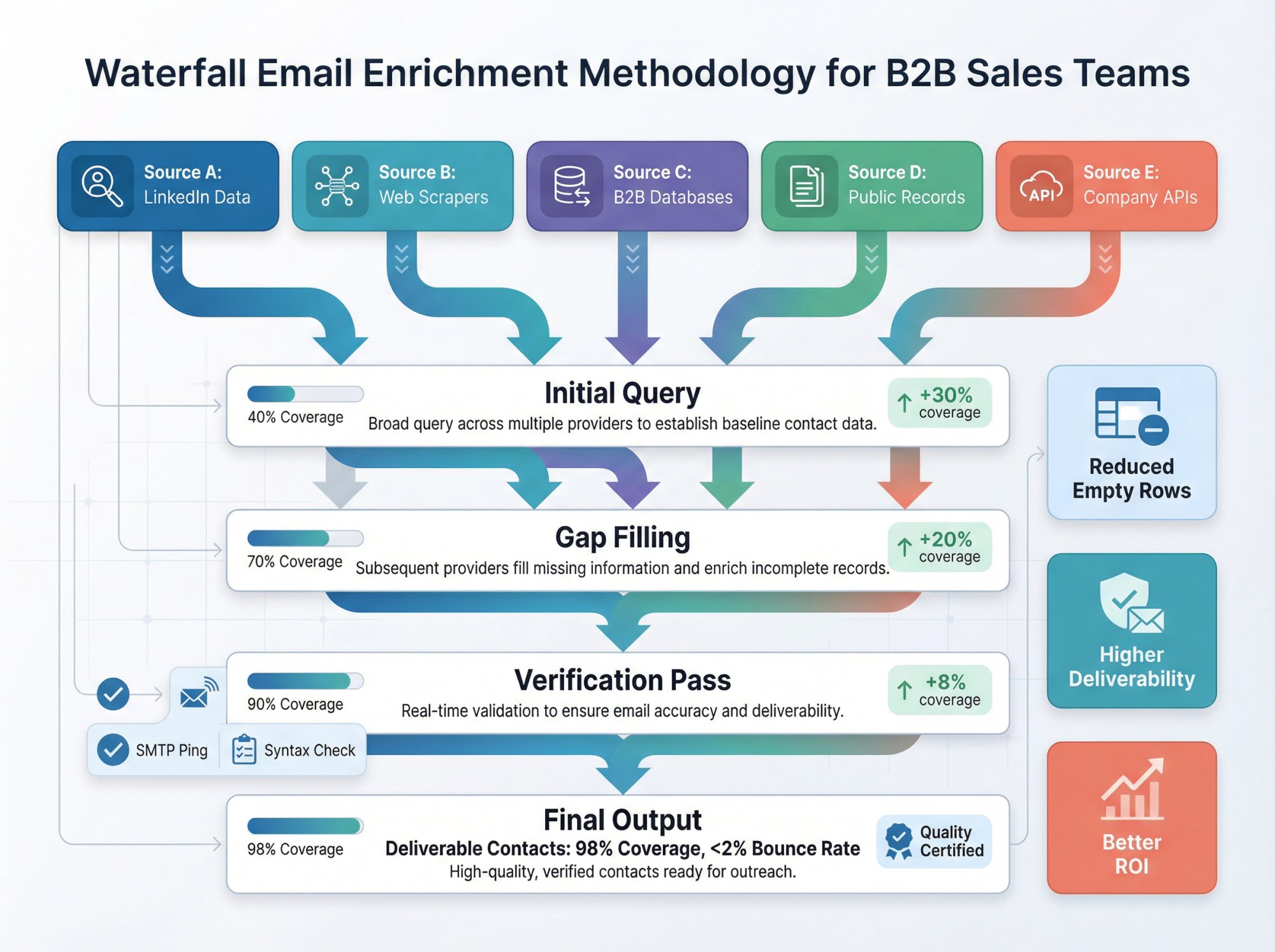 Waterfall email enrichment diagram showing multiple data sources feeding sequential verification steps to maximize coverage and quality