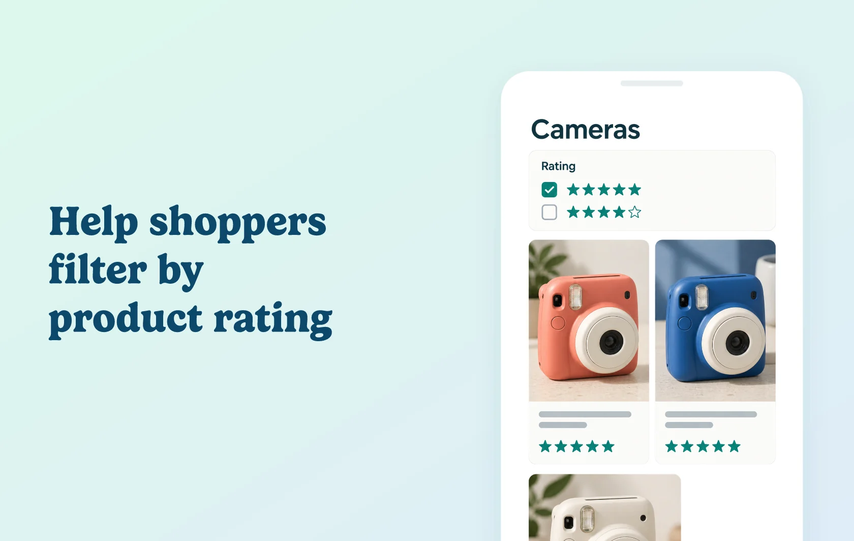 Judge.me and Boost Commerce integration: illustration of a camera collection with a selected five-star rating filter and product cards displaying their individual ratings.