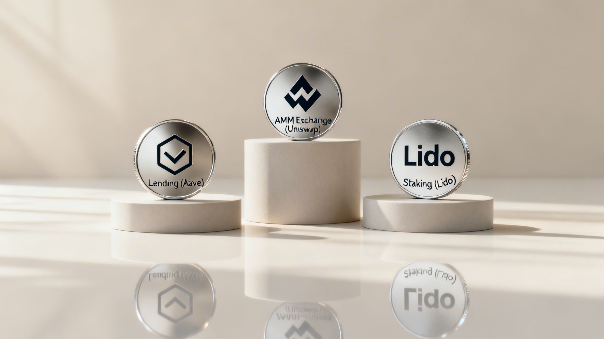 Three silver coins representing DeFi protocols: Aave lending, Uniswap exchange, and Lido staking.