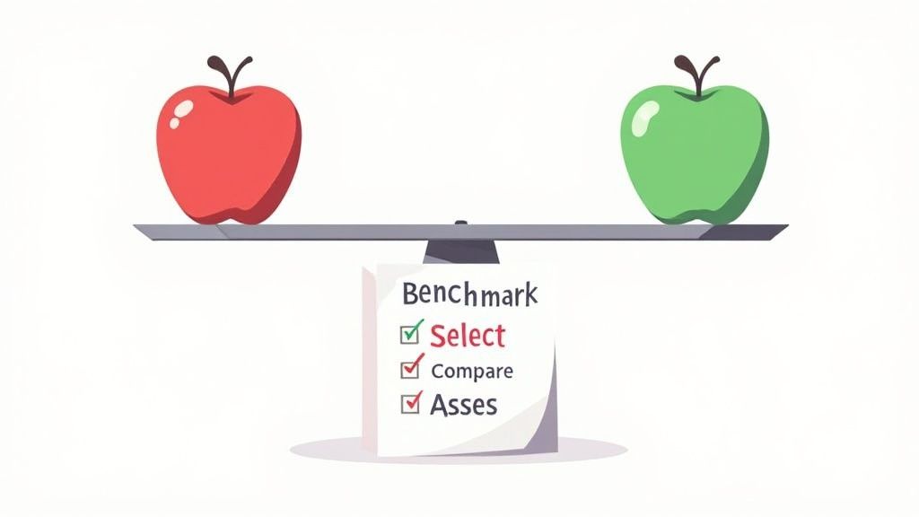 A balance scale with a red apple and a green apple, representing a benchmark checklist.
