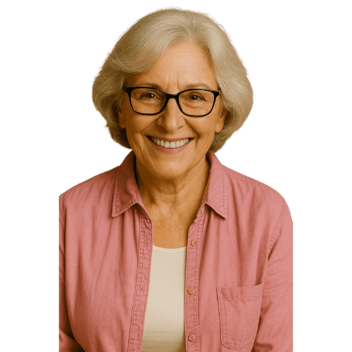Smiling female therapist with short gray hair, wearing a brown top and a purple shawl, surrounded by a cozy background.