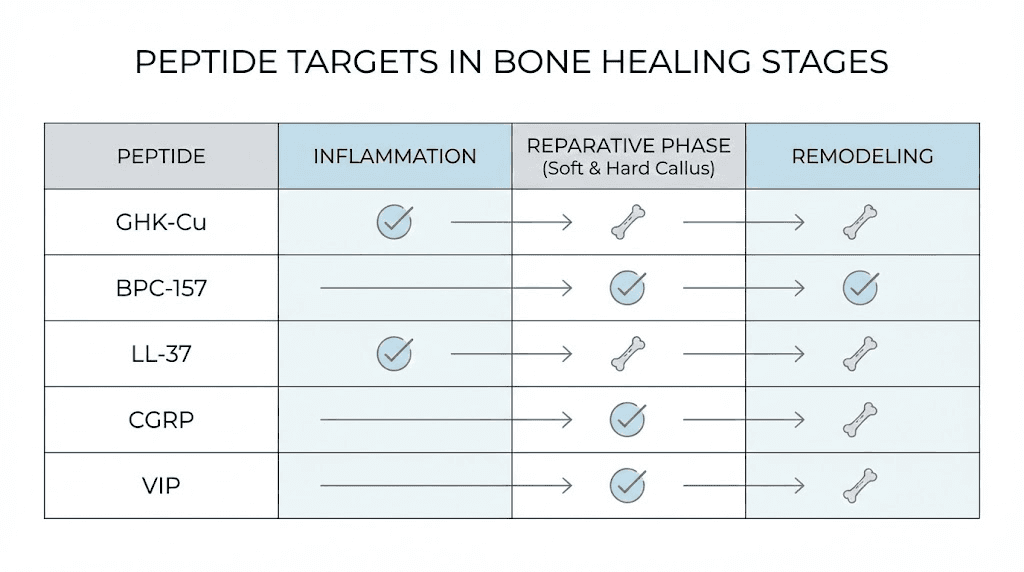Peptide comparison chart for bone healing stages showing BPC-157 TB-500 GHK-Cu PTH CGRP