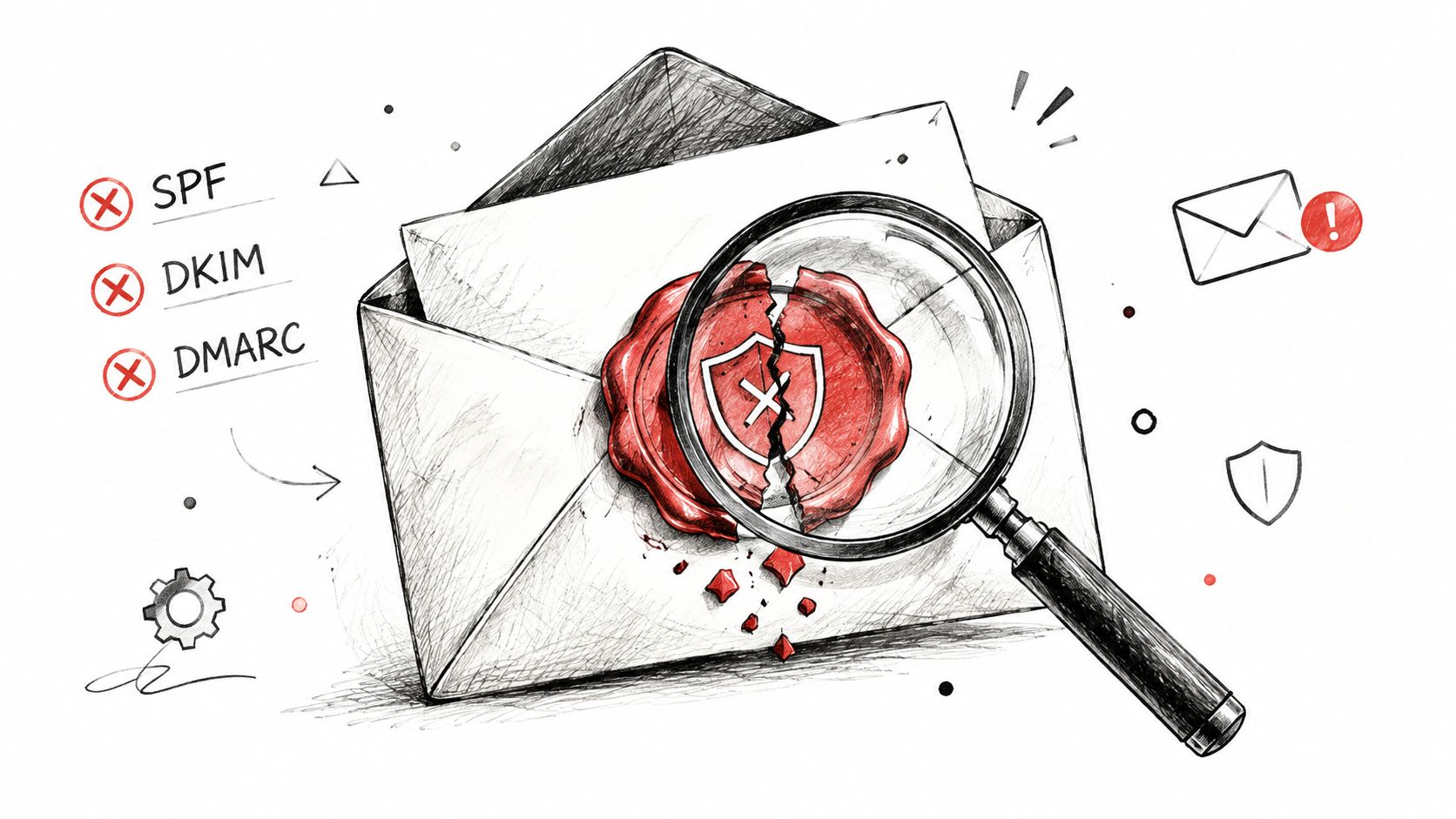 A pencil sketch of an email envelope with a broken security seal and magnifying glass indicating authentication failure.