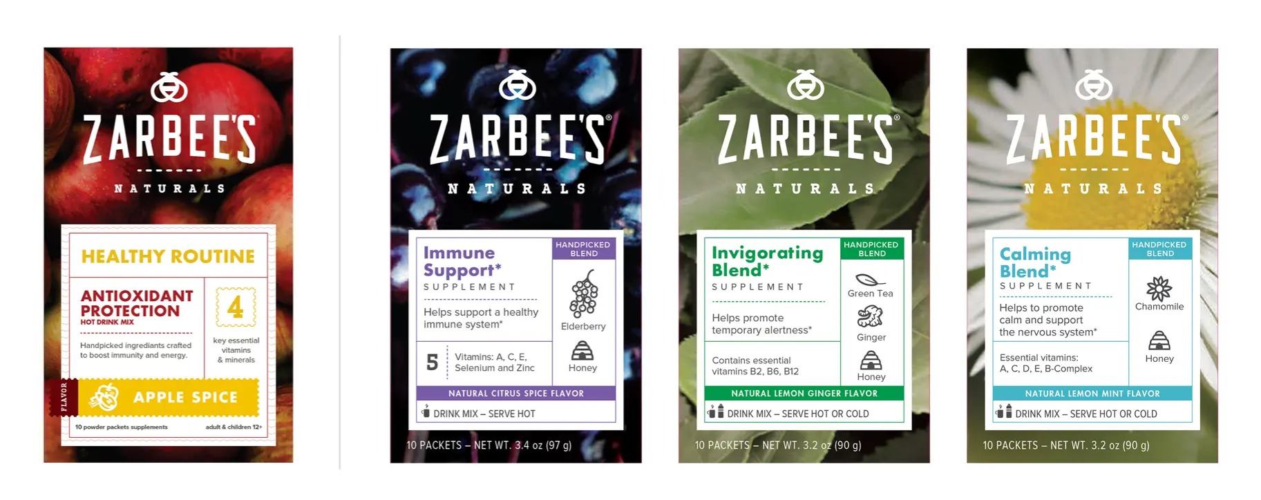 Four additional Zarbee's Naturals adult supplement designs — Antioxidant Protection alongside Immune Support, Invigorating Blend, and Calming Blend, demonstrating the packaging system's flexibility across the full product range with purple, green, and teal color coding.