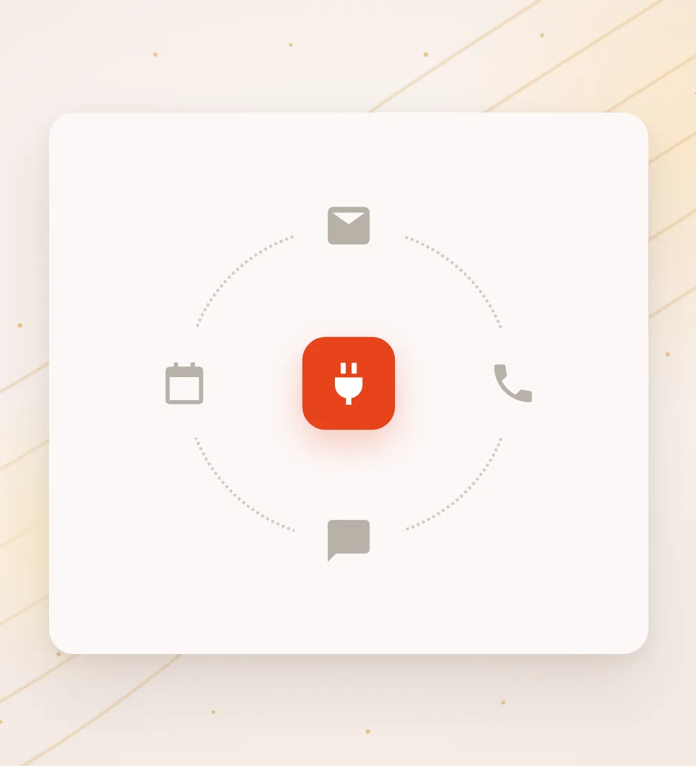 Symbole für Kalender, E-Mail und Telefon, ringförmig um ein Steckersymbol angeordnet
