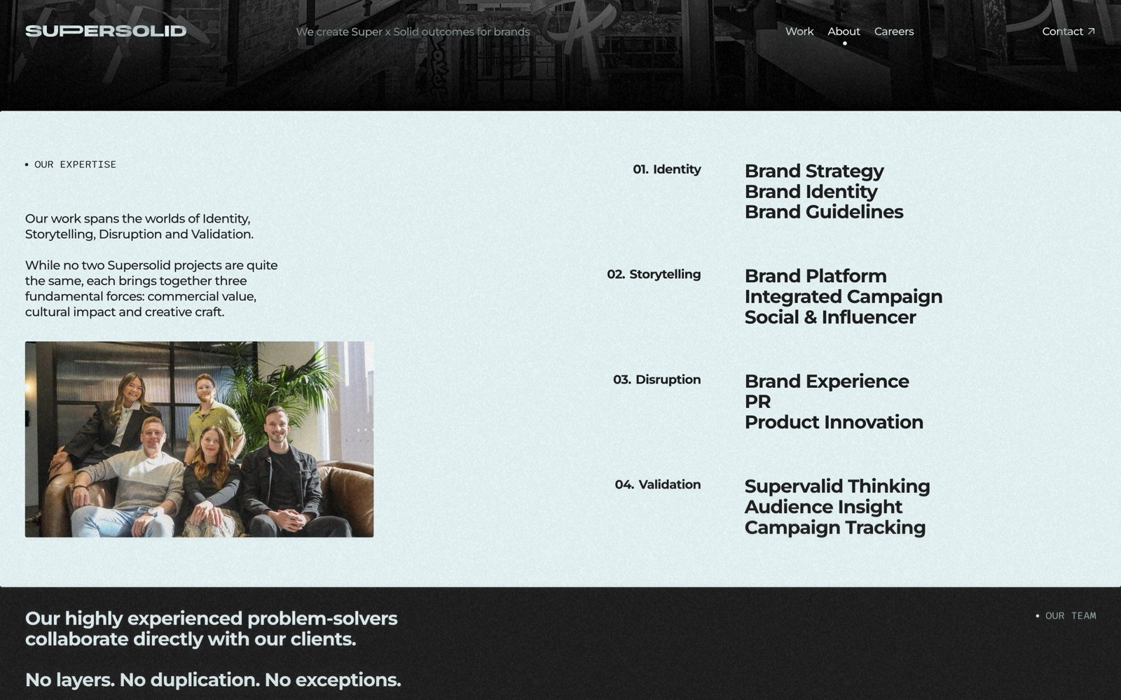 Supersolid website section detailing expertise in Brand Strategy, Storytelling, Disruption, and Validation. Team photo shown.