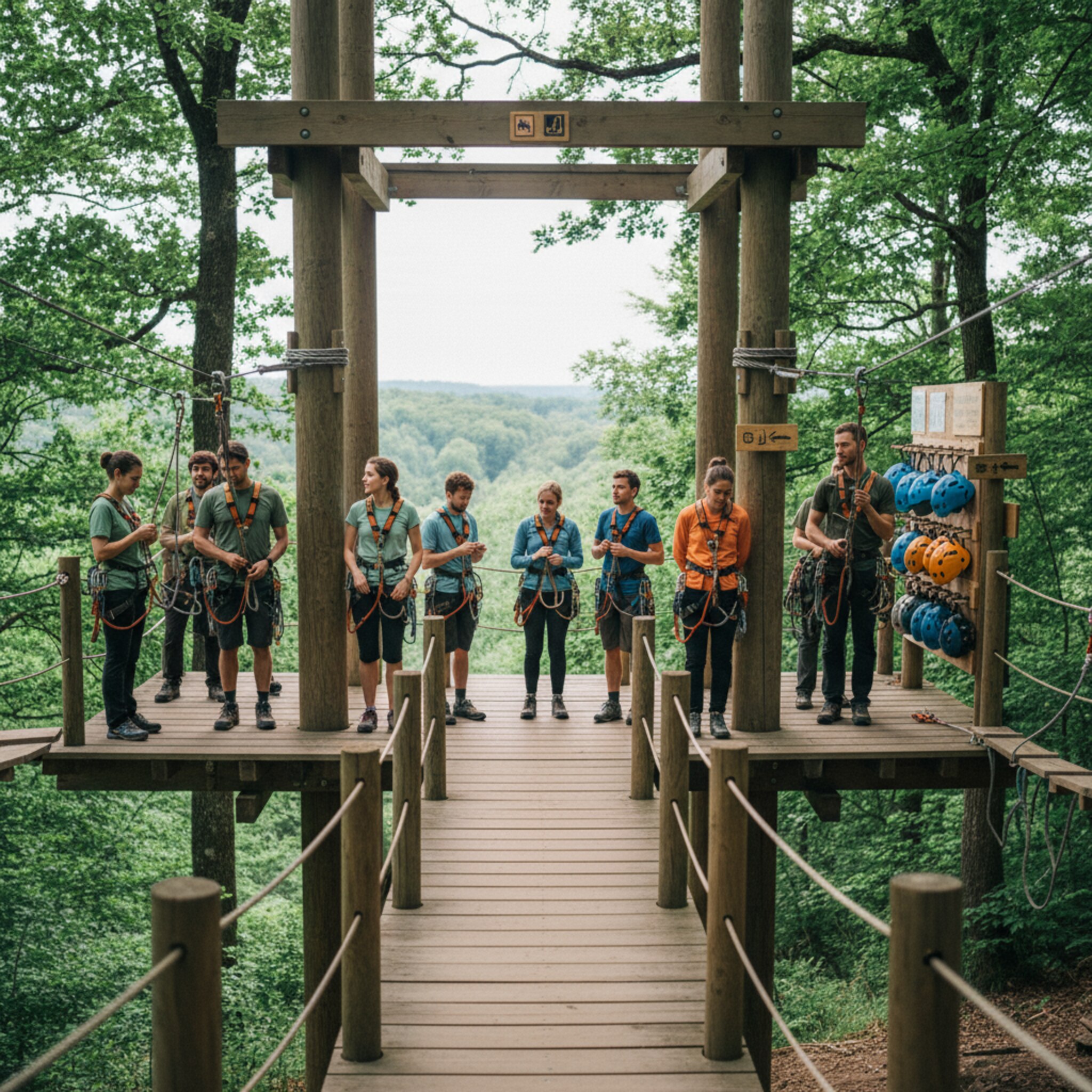 Ein Holzsteg führt zu zwei Startplattformen, auf denen je eine Gruppe bereitsteht. Ein Guide checkt den Sitz der Gurte, daneben hängen sortierte Helme und Handschuhe. Die Startuhr auf dem Turm ist nicht sichtbar, doch die Koordination wirkt ruhig und präzise.