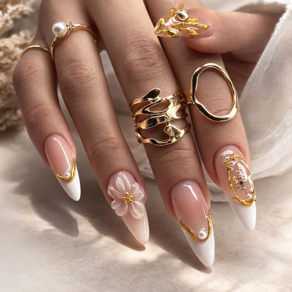 Woman applying cuticle oil with a dropper on manicured nails