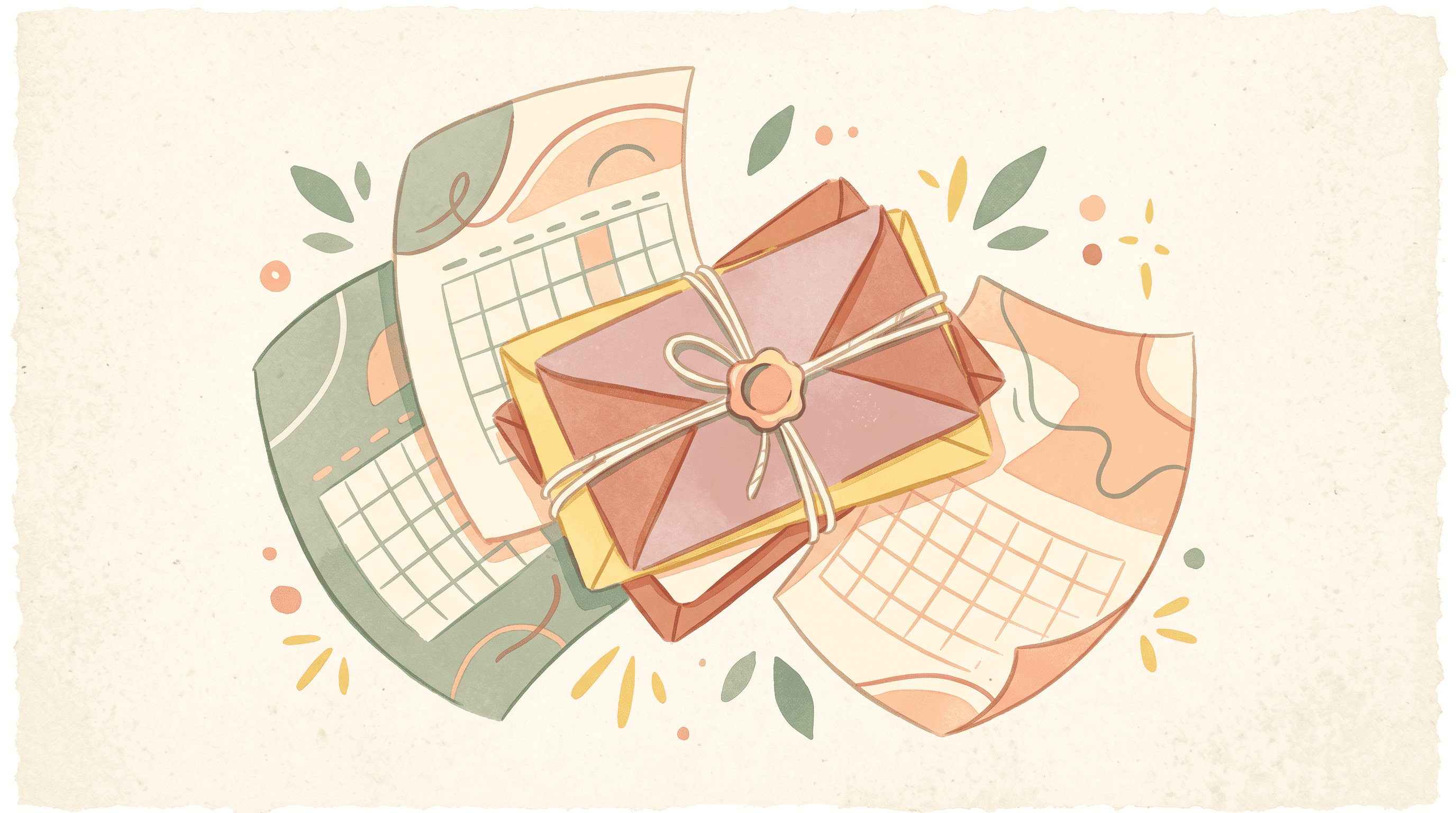 Calendar pages curled around a manuscript packet and review envelopes