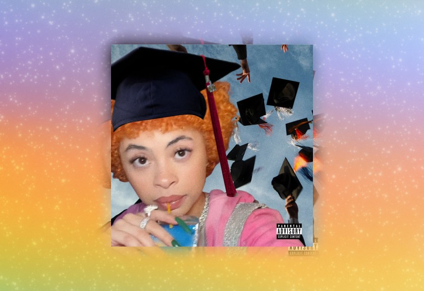 Casual, fun grad party invitation with ice spice sipping a drink in a cap and gown.