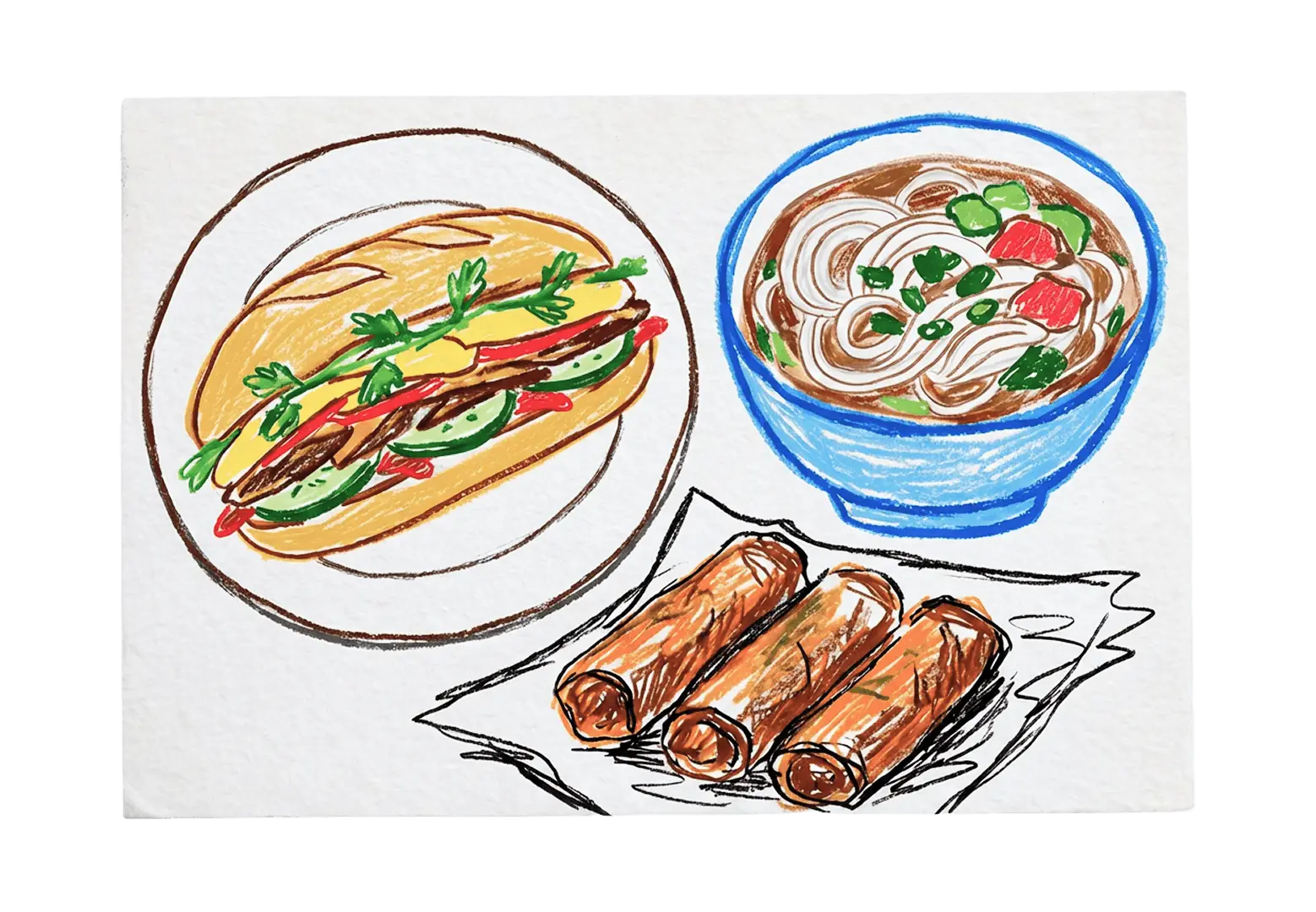 Pho Street Eats illustration of a bánh mì, a bowl of pho and spring rolls.