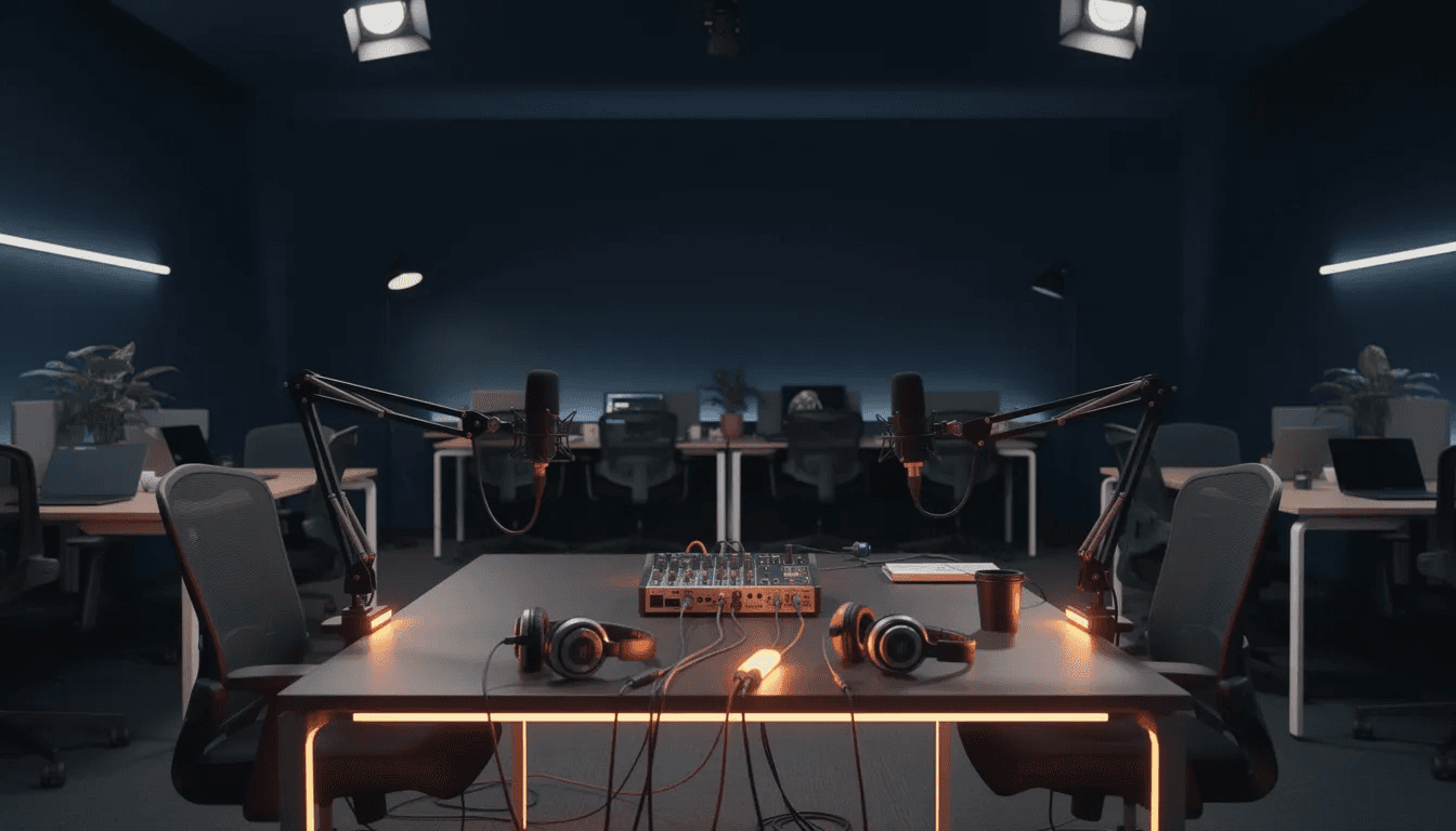 L'image représente un bureau moderne transformé en plateau de tournage pour un podcast, avec des nuances de bleu nuit profond et d'orange vif. On y voit un espace accueillant, prêt pour des enregistrements audio et vidéo, illustrant la stratégie de communication des entreprises souhaitant améliorer leur visibilité sur les réseaux sociaux.