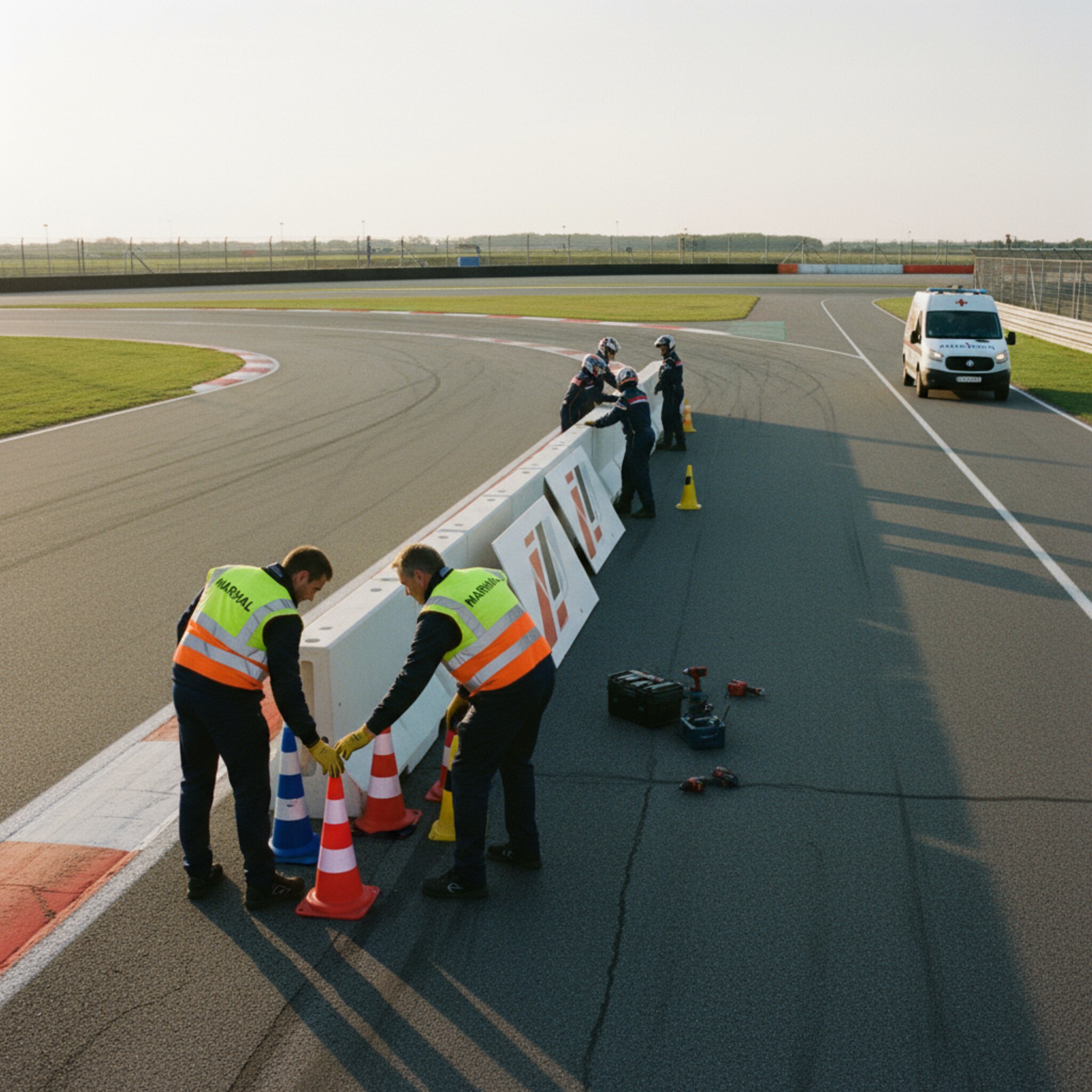An der Schikane platzieren zwei Streckenposten farbige Kegel, während im Hintergrund die Boxenmauer ausgerichtet wird. Ein Medical-Fahrzeug steht bereit, die Sonne zeichnet klare Schatten auf den Asphalt. Der Moment wirkt koordiniert, strukturiert und sicher, als Vorbereitung für einen geordneten Betrieb.