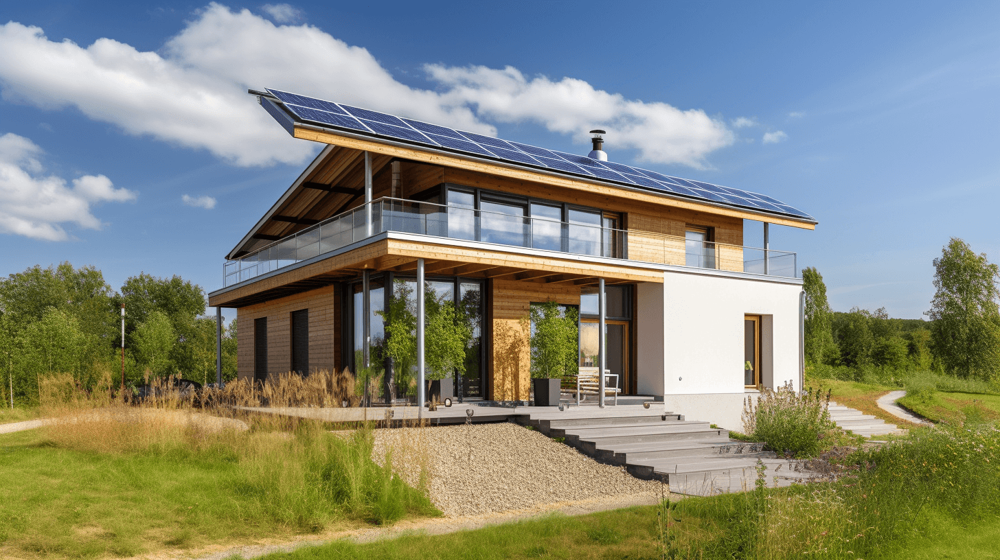 Modern eco-friendly home with solar panels, wood siding, and patio in natural meadow setting under blue sky