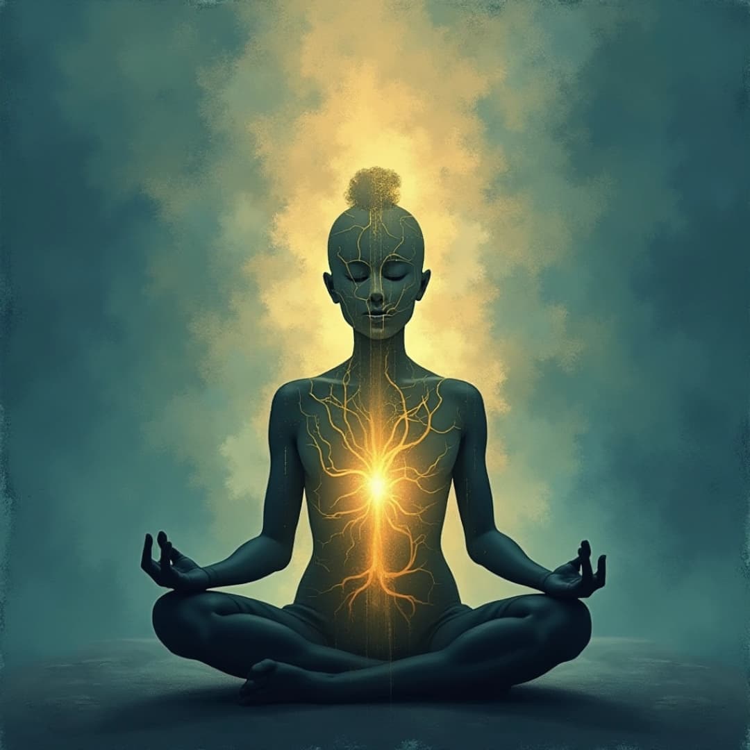 eine zeichnung eines meditierenden wesens, in dem körper des wesens ist goldene energie