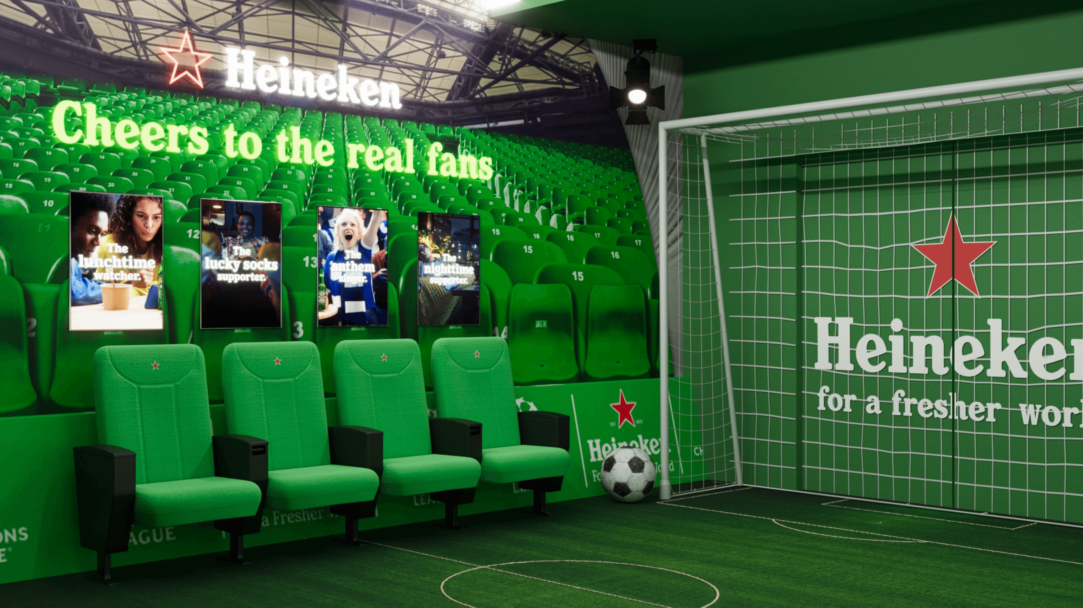 Heineken activation zone styled as a football team substitute bench, created by our team for the UAE project