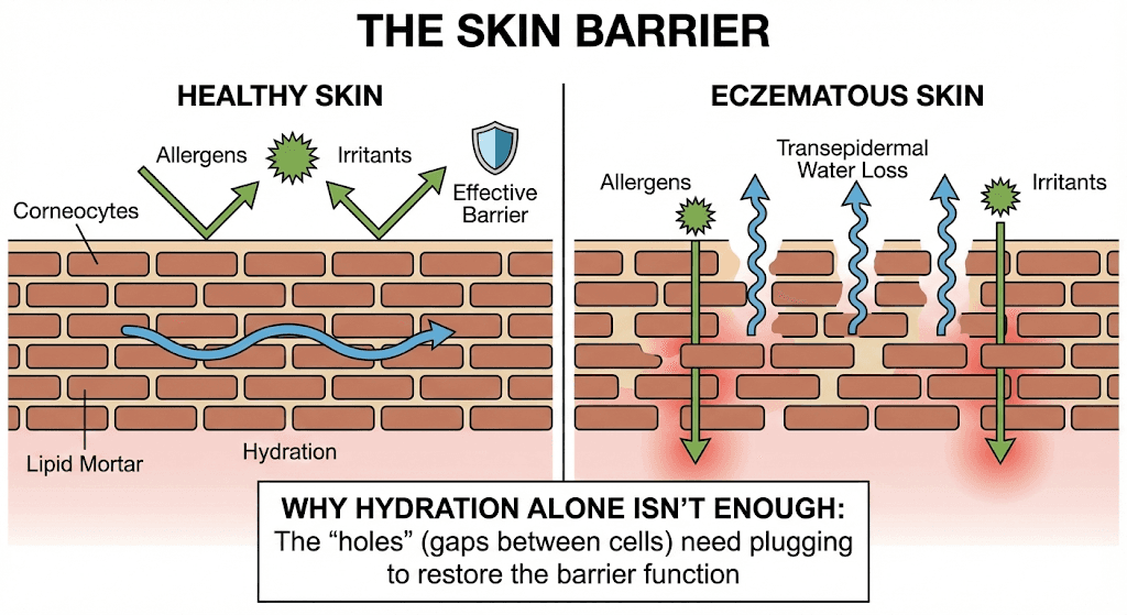 A comparative diagram titled "The Skin Barrier." The left side shows "Healthy Skin" as a tight brick wall repelling allergens. The right side shows "Eczematous Skin" with gaps between cells, arrows showing water evaporating out (Transepidermal Water Loss) and allergens entering, visually explaining why hydration alone isn't enough—the "holes" need plugging.
