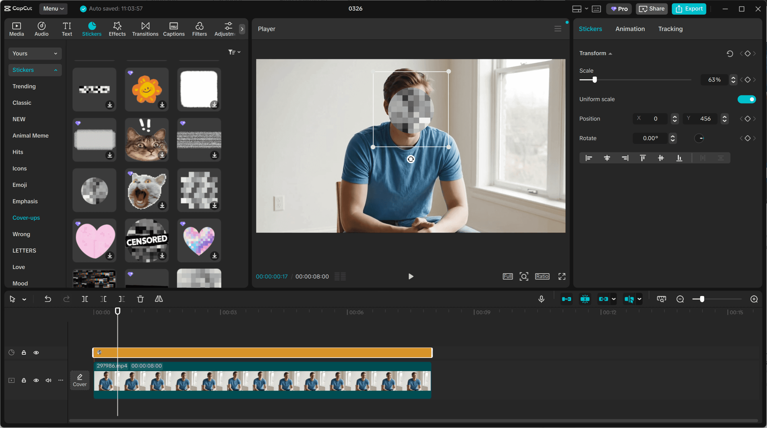 Apply cover-up stickers to the video in CapCut