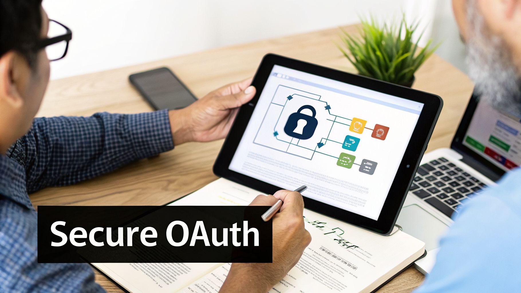 Two people review a tablet displaying a secure OAuth diagram with a padlock icon.